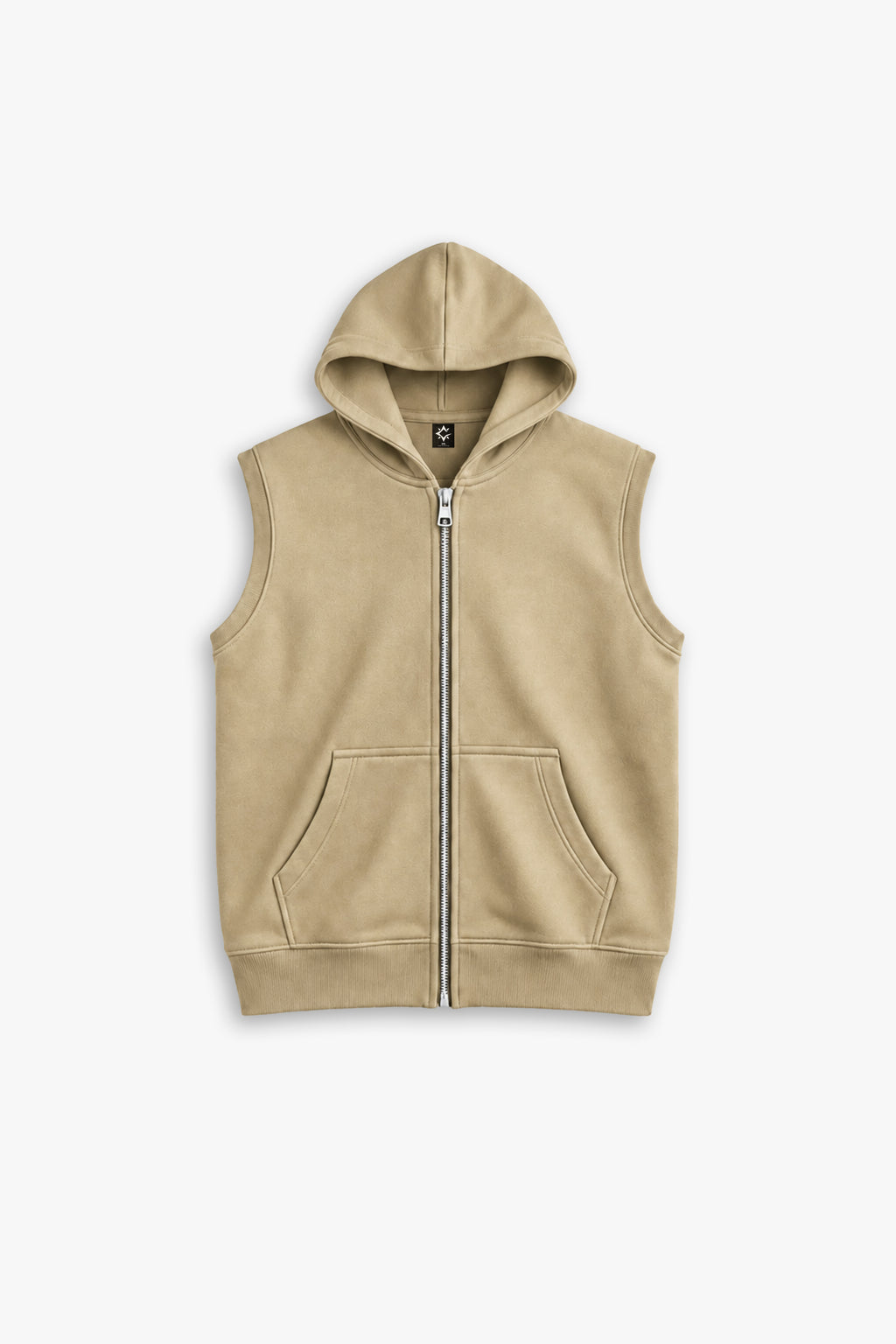 SANDSTORM SLEEVELESS ZIP UP HOODIE — SAND BEIGE
